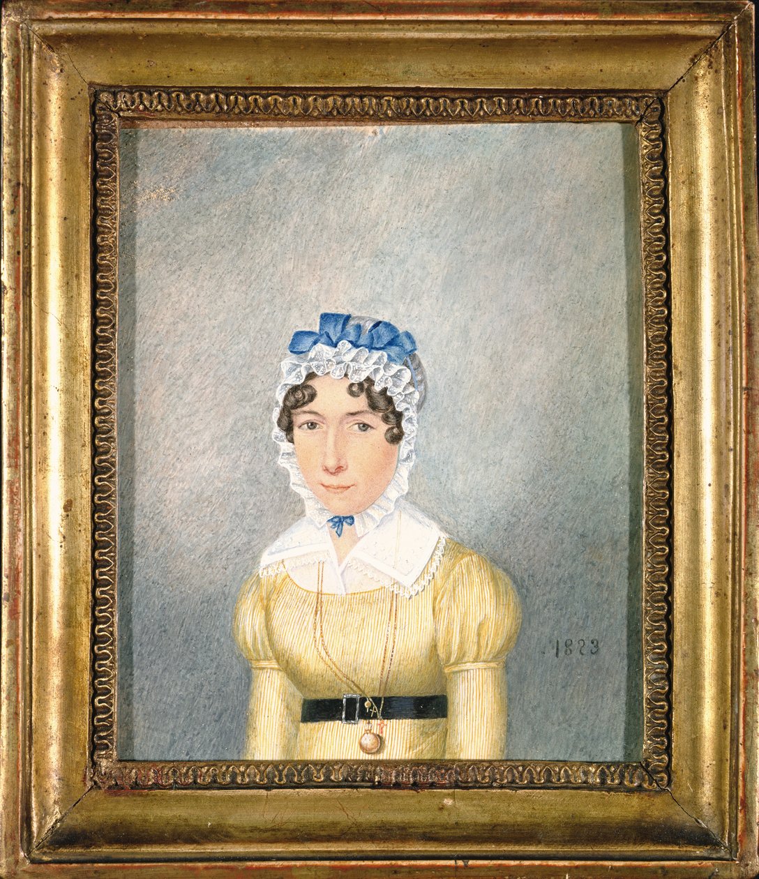Porträtt av en dam med en gyllene medaljong, 1823 (gouache och wc på papper) av English School
