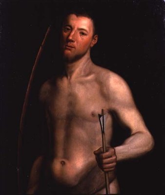 Porträtt av en man som Sankt Sebastian, ca 1554-60 (olja på panel) av English School