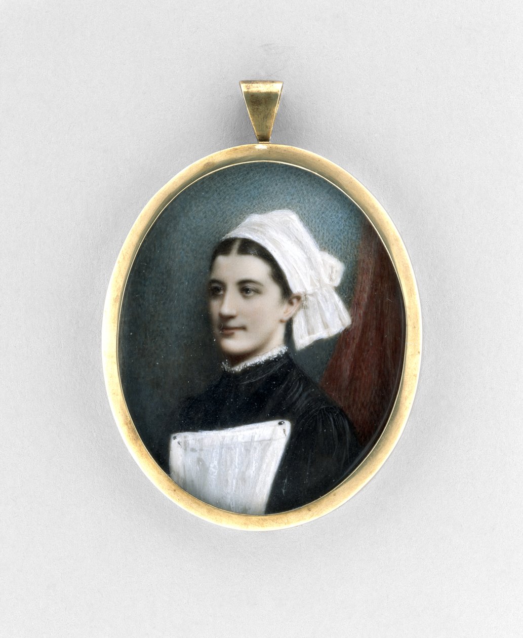 Porträtt av en sjuksköterska, ca 1840 (akvarell på elfenben, förgylld och glas) av English School