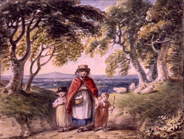 Porträtt av en kvinna och två barn i ett skogslandskap, ca 1820 (akvarell på papper) av English School