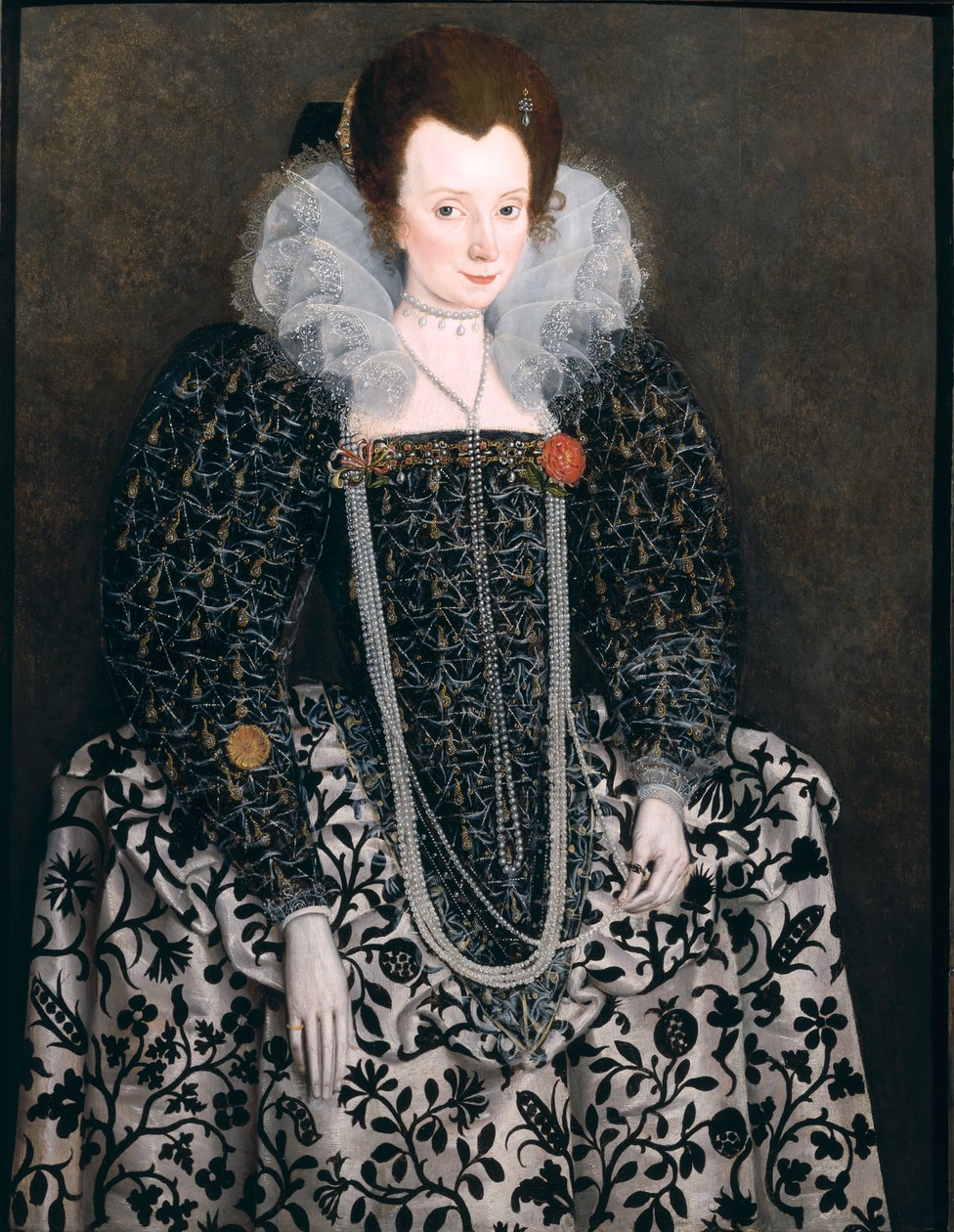 Porträtt av en kvinna, traditionellt identifierad som Mary Clopton (född Waldegrave) från Kentwell Hall, Suffolk, omkring 1600. av English School