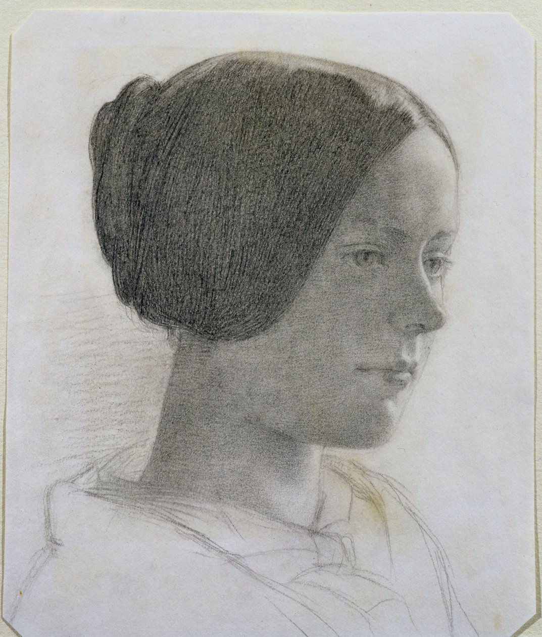Porträtt av en ung kvinna med hennes hår i en bulle, ca 1840 (färgade kritor på papper) av English School