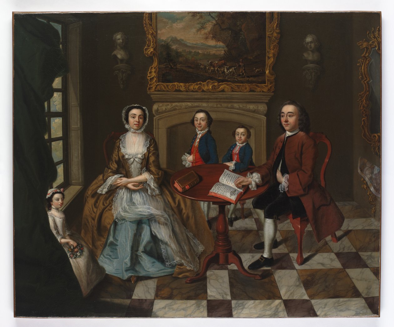 Porträtt av en familj i en interiör, tänkt att vara familjen Roubel, 1750-talet av English School
