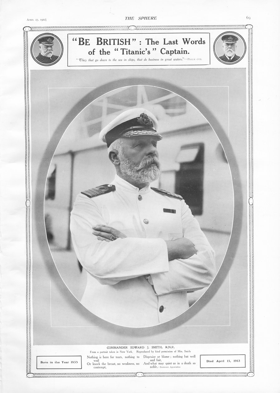 Porträtt av och hyllning till befälhavare Edward J. Smith, kapten på White Star Liner RMS Titanic, från The Sphere, 27 april 1912 av English School