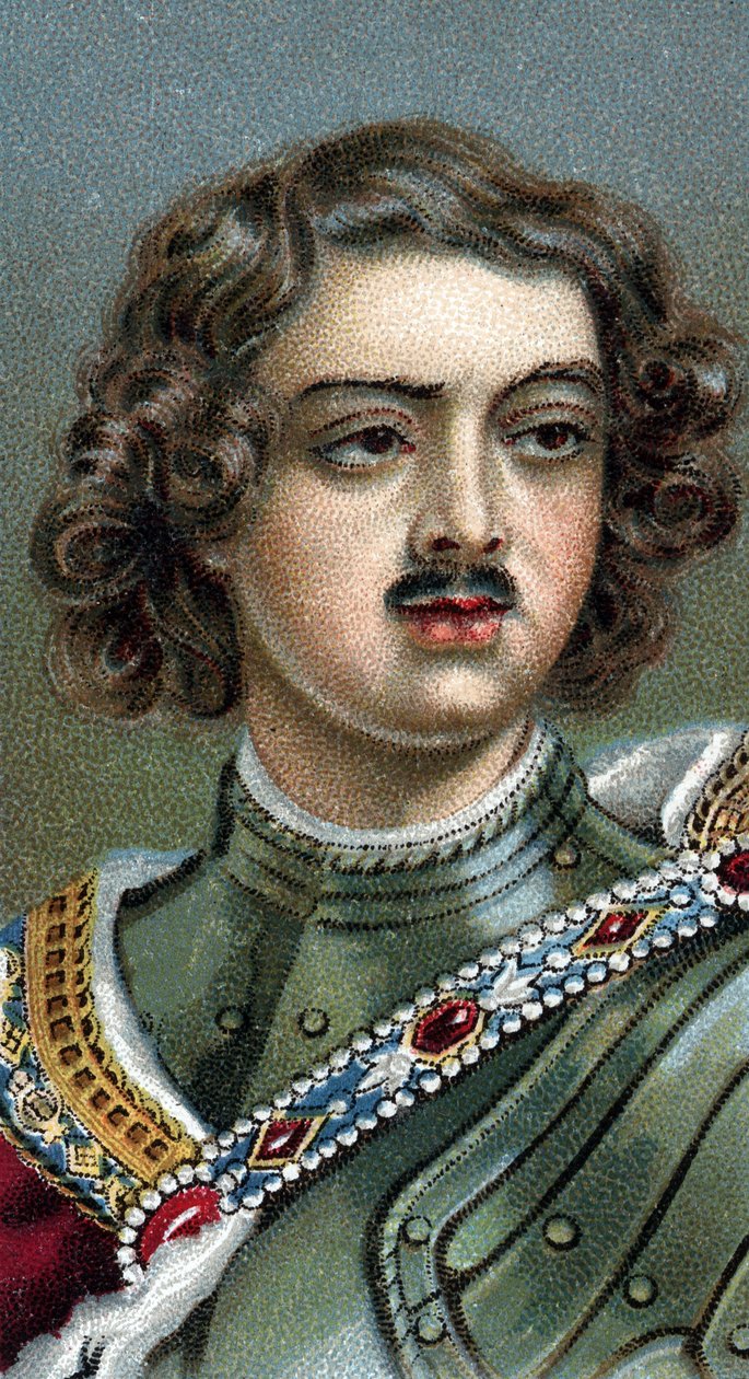 Porträtt av den engelske kejsaren Peter den store, Peter I eller Pjotr Aleksijevitj Romanov - Peter I den store - Från serien "" Leaders of Men"" - Kromolitografi - Engelska skolan, 1900-talet - av English School