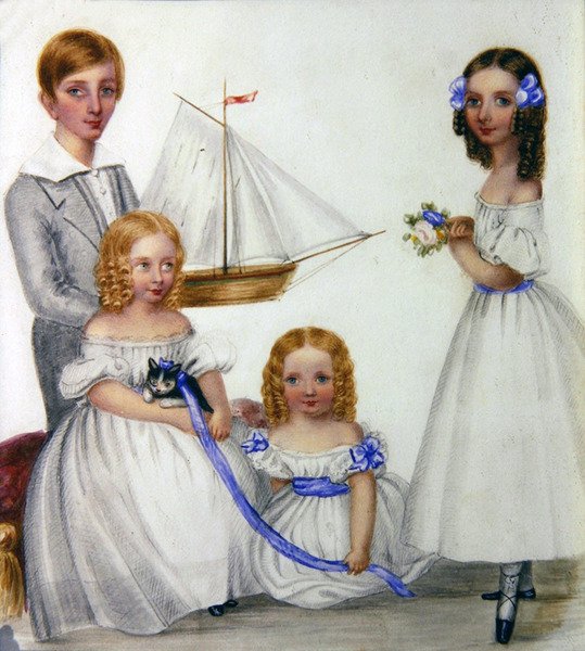 Porträtt av fyra barn som håller en segelbåt och kattunge, ca 1830 (akvarell på papper) av English School