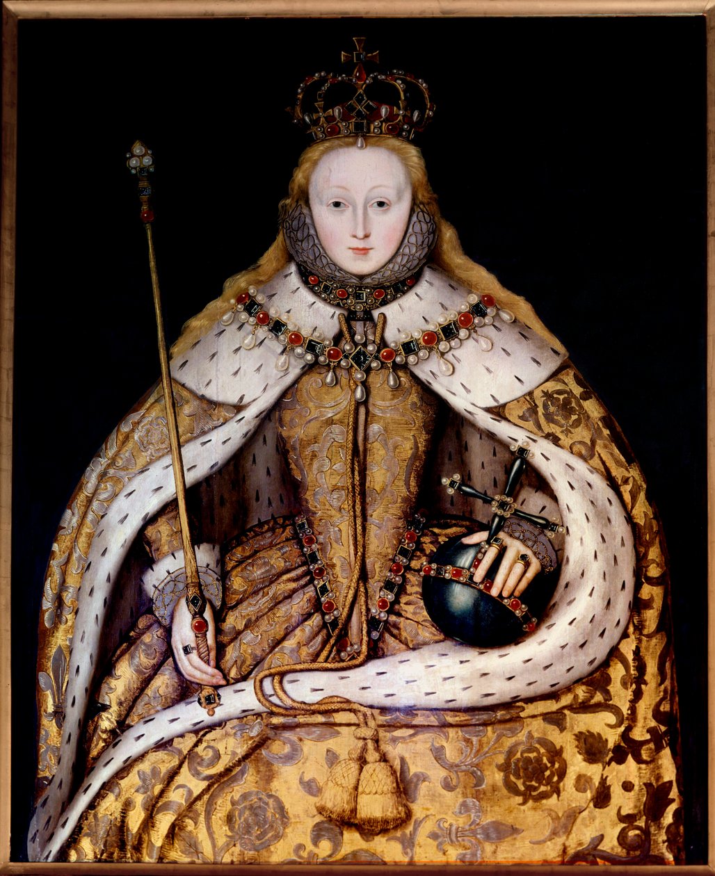 Porträtt av drottning Elizabeth II i kröningsdräkt, ca 1600 (olja på panel) (olja på duk) av English School