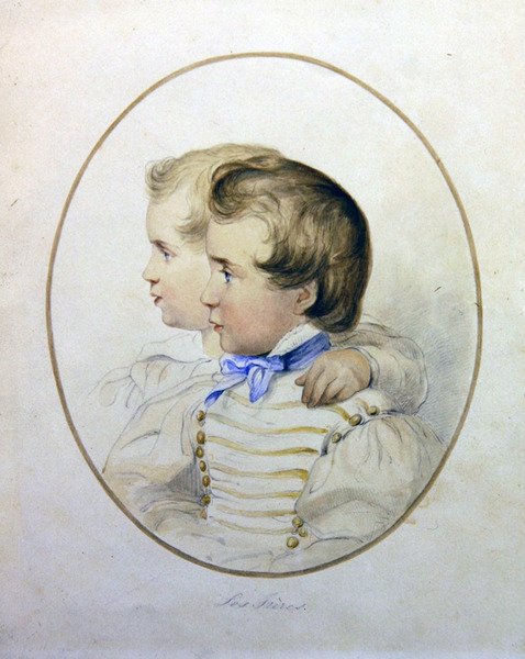 Porträtt av två bröder i militärdräkt, ca 1840 (akvarell på papper) av English School