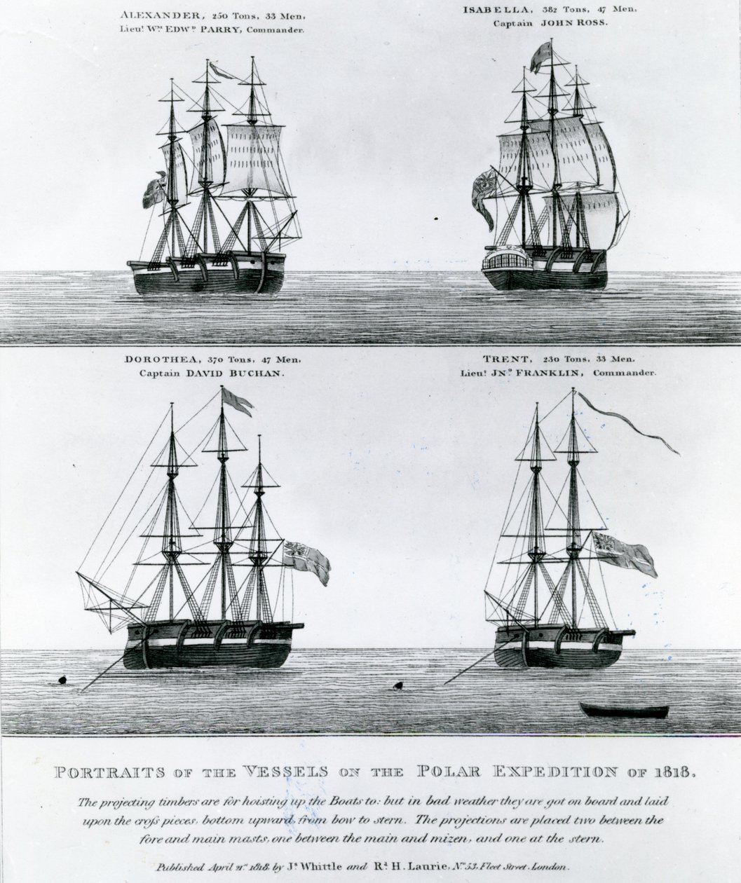Porträtt av fartygen från polarexpeditionen 1818 (gravyr) av English School