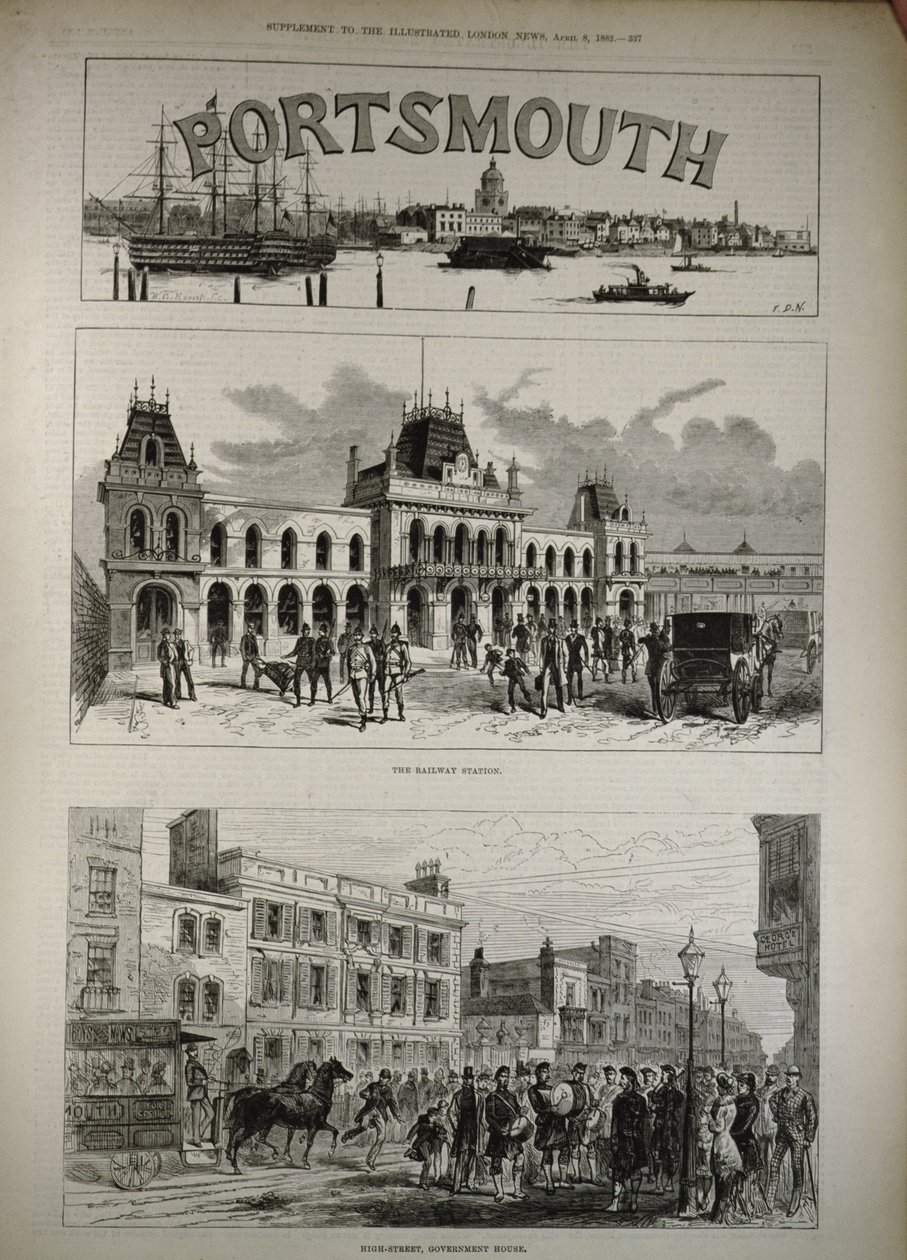 Portsmouth: Järnvägsstationen och High Street, Government House, från "The Illustrated London News", 8 april 1882 av English School
