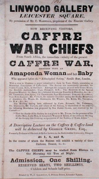 Affisch som annonserar en föreläsning om Caffre War Chiefs på Linwood Gallery av English School