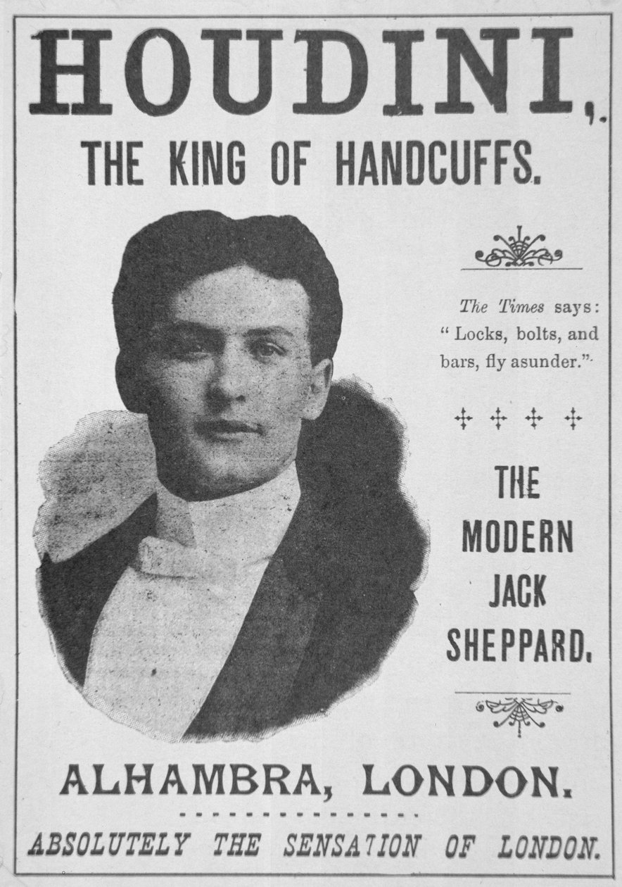 Affisch som annonserar en föreställning av Houdini på Alhambra, London (tryck) av English School
