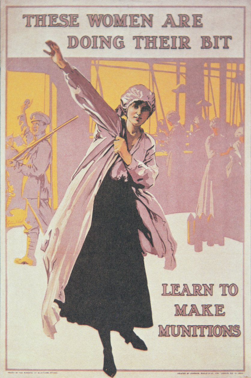 Affisch som föreställer kvinnor som tillverkar ammunition (färg litho) av English School