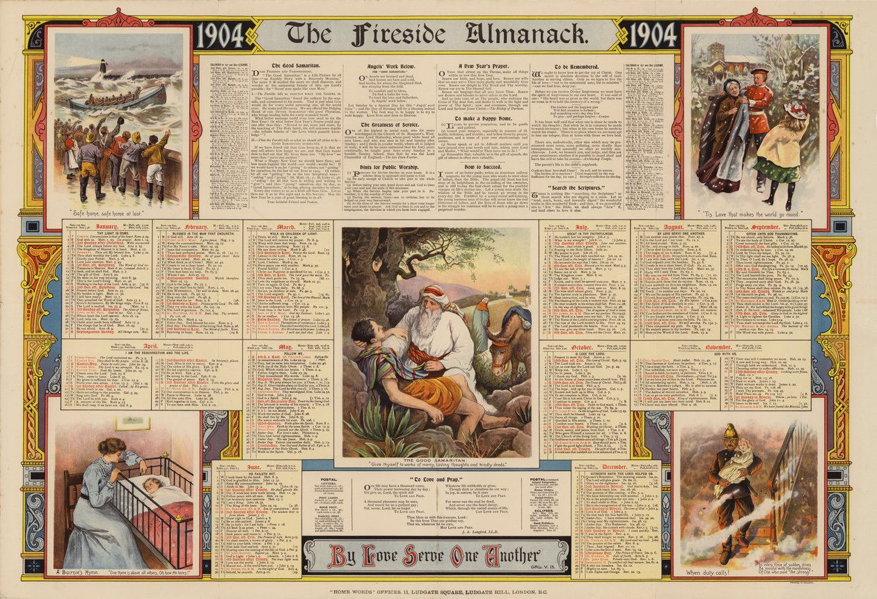 Affisch utgiven med The Fireside Almanack för 1904 (färglitografi) av English School