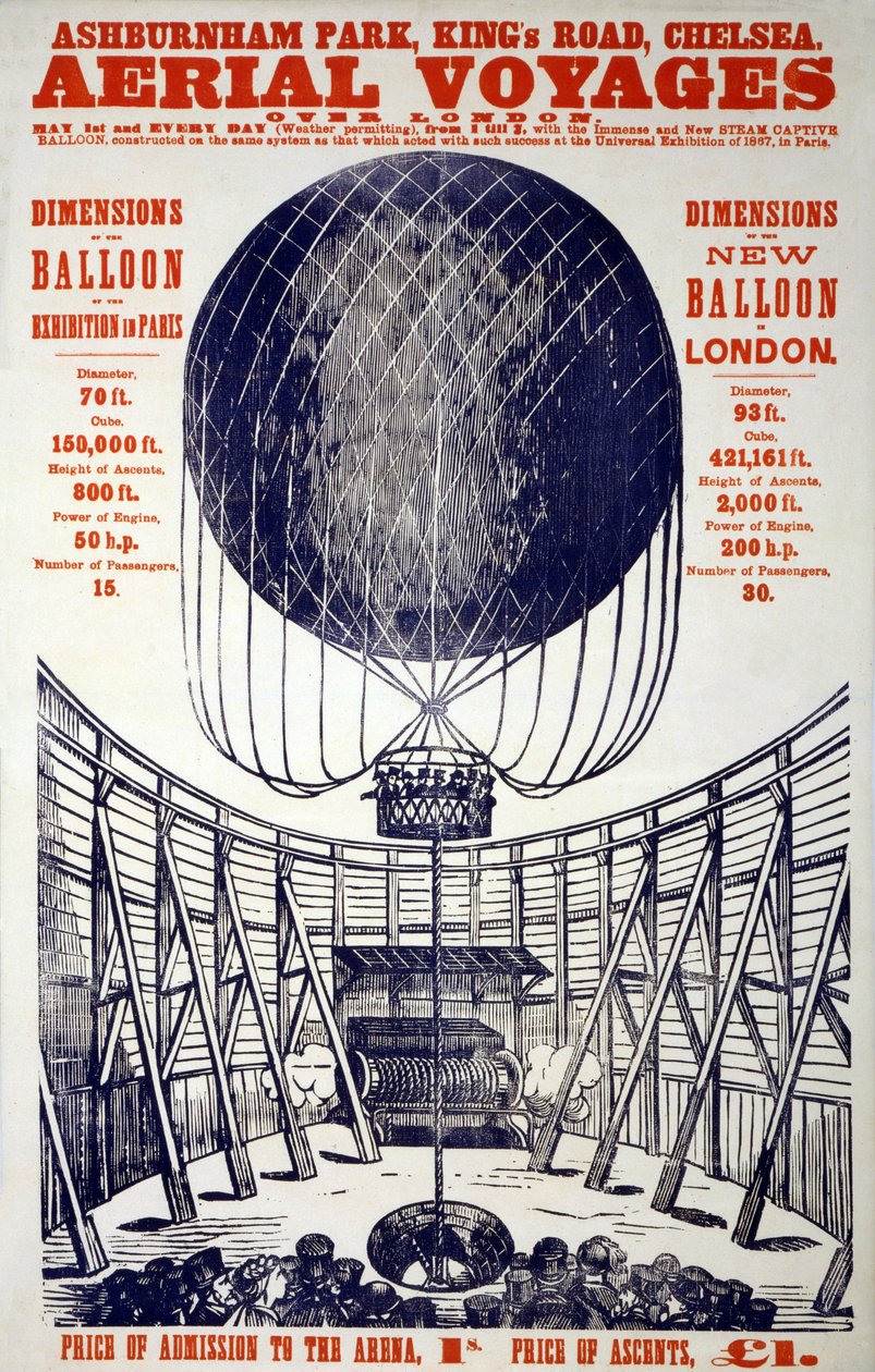 Affisch som främjar "Aerial Voyages over London", pub. 1867 (färglitografi) av English School