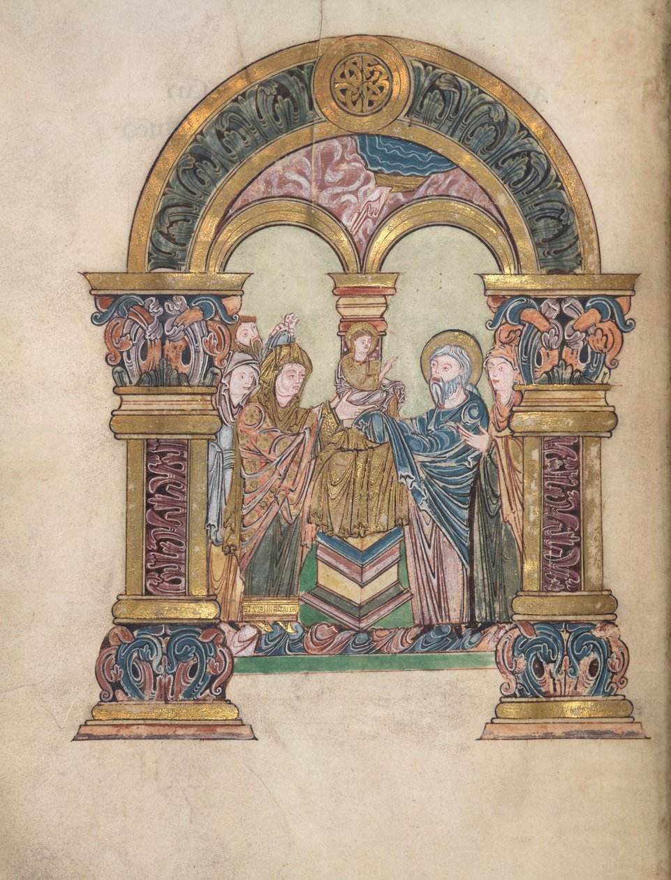 Presentation i templet, Add. 49598, f.34v, från Benedictional of St Aethelwold, 971-984 (vellum) av English School