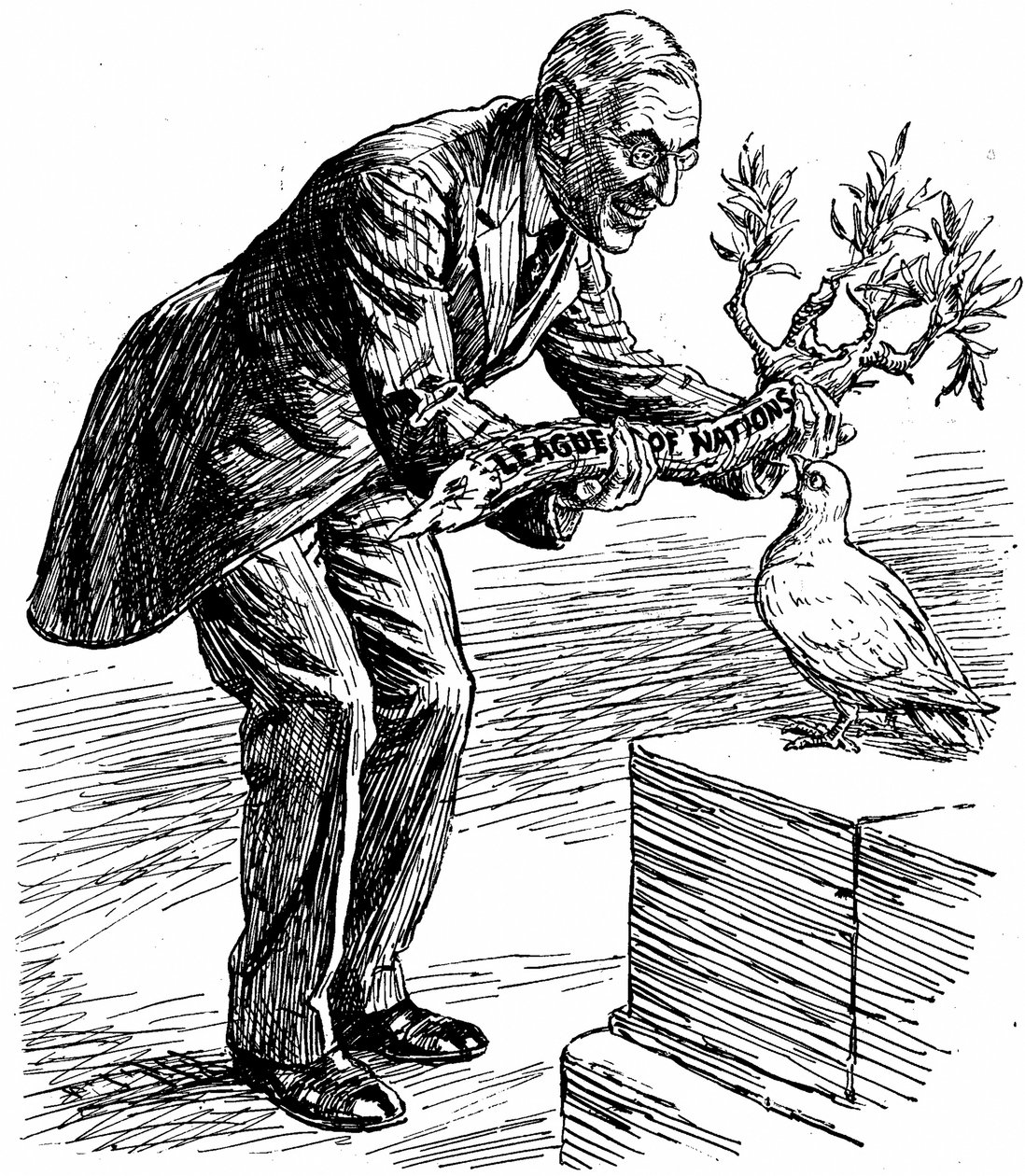 President Wilson ger fredsduvan en olivkvist märkt "Nationernas Förbund", ur "Punch", London, 26 mars 1919 (tryck) av English School