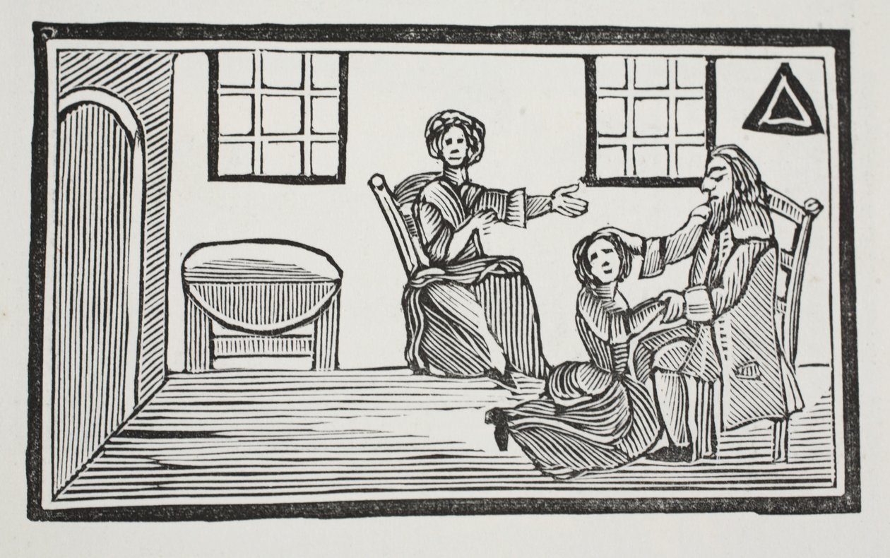 Pretty Bessie tar emot sin fars välsignelse när hon ska söka sitt eget försörjning, illustration från Chap-books of the Eighteenth Century av John Ashton, pub. 1882 av English School