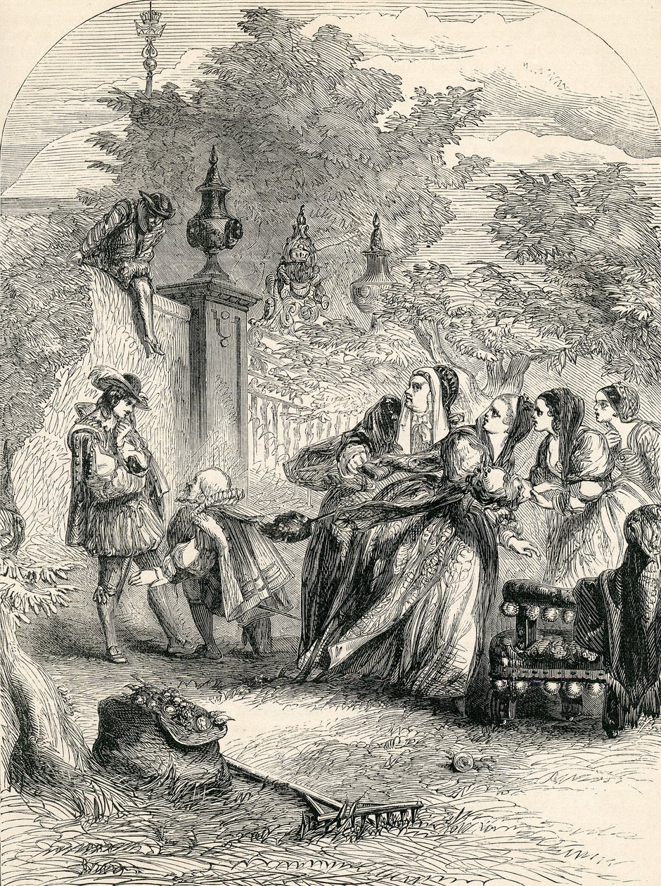 Prins Charles överraskar Infanta i Orchard, 1800-talet av English School