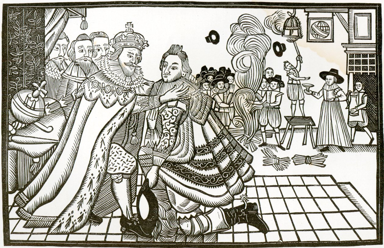 Prins Charles välkomsthälsning från Spanien, 1623 (litografi) av English School