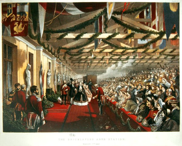 Prinsessan Alexandra av Danmark anlände till London den 7 mars 1863 till The Bricklayers Arms Station med sin blivande make, prinsen av Wales. 1863 (lito i färg) av English School