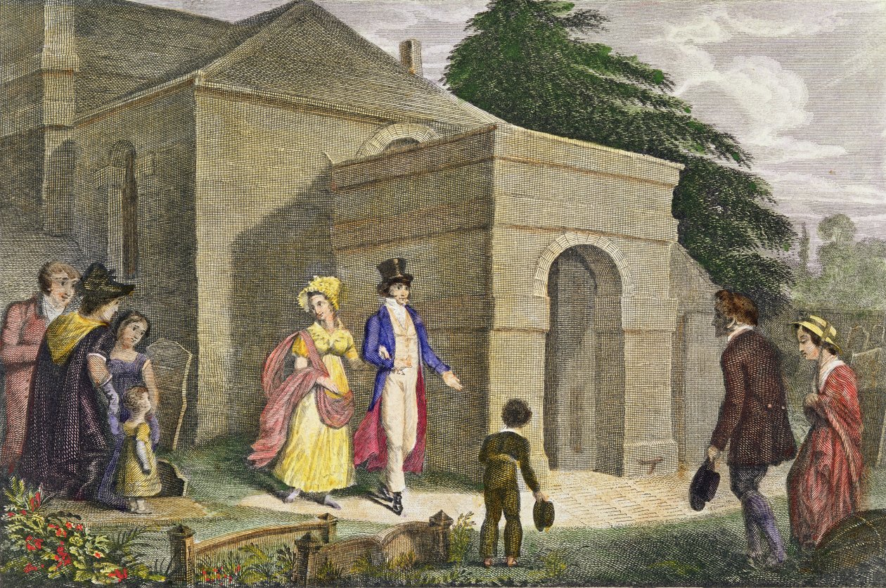Prinsessan Charlotte Augusta av Wales (1796-1817) och prins Leopold av Saxe Coburg Gotha (1790-1865) på väg till Esher Church av English School