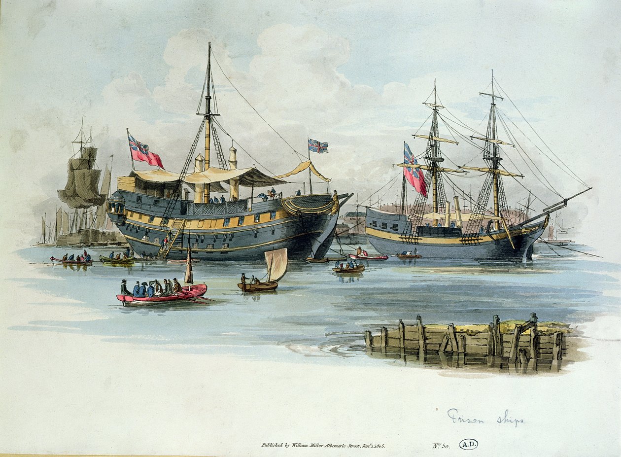 Fängelseskepp som användes av britterna under Napoleonkrigen för att hysa franska fångar, 1805 (färgstick) av English School