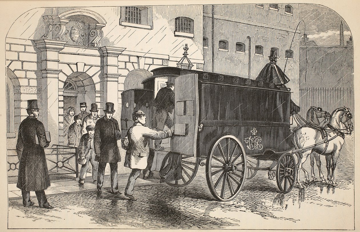 Prison van som tar emot fångar i House of Detention, illustration från The Criminal Prisons of London och Scenes from Prison Life av Henry Mayhew och John Binny, pub. 1862 av English School