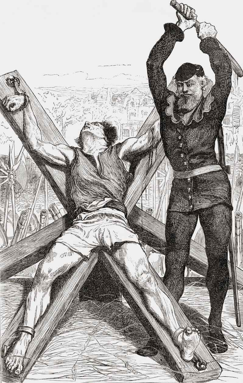 Fånge som torterades på St. Andrews Cross, ca 1865 (trägravyr) av English School