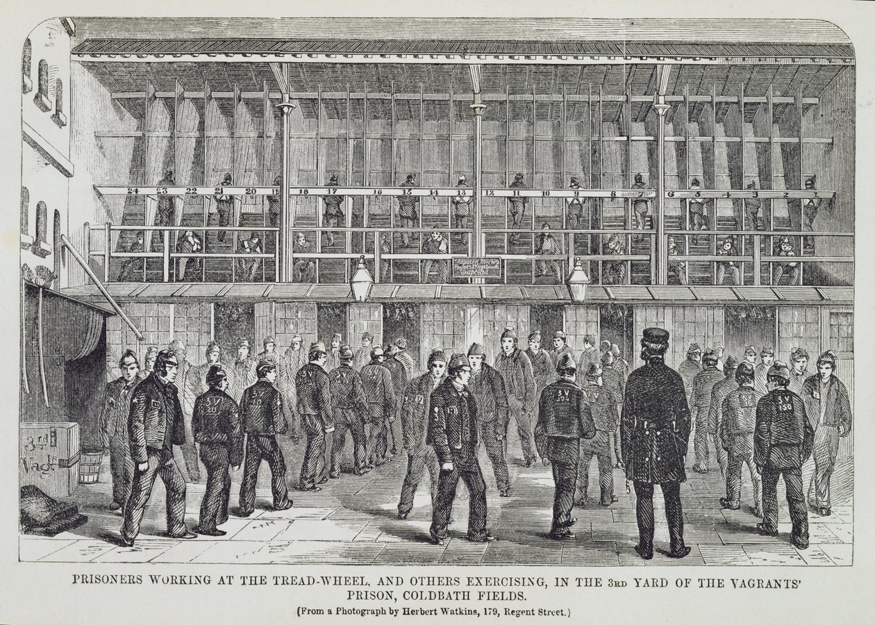 Prisoners Working at the Tread-Wheel och andra som tränar i 3rd Yard of the Vagrants Prison, Coldbath Fields, från The Criminal Prisons of London och Scenes of Prison Life av Henry Mayhew (1812- av English School