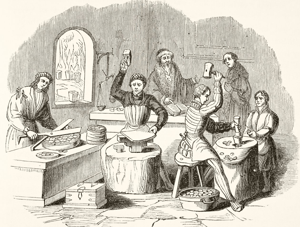 Myntprocess på 1500-talet, från The National and Domestic History of England av William Hickman Smith Aubrey (1858-1916) publicerad London, ca 1890 av English School