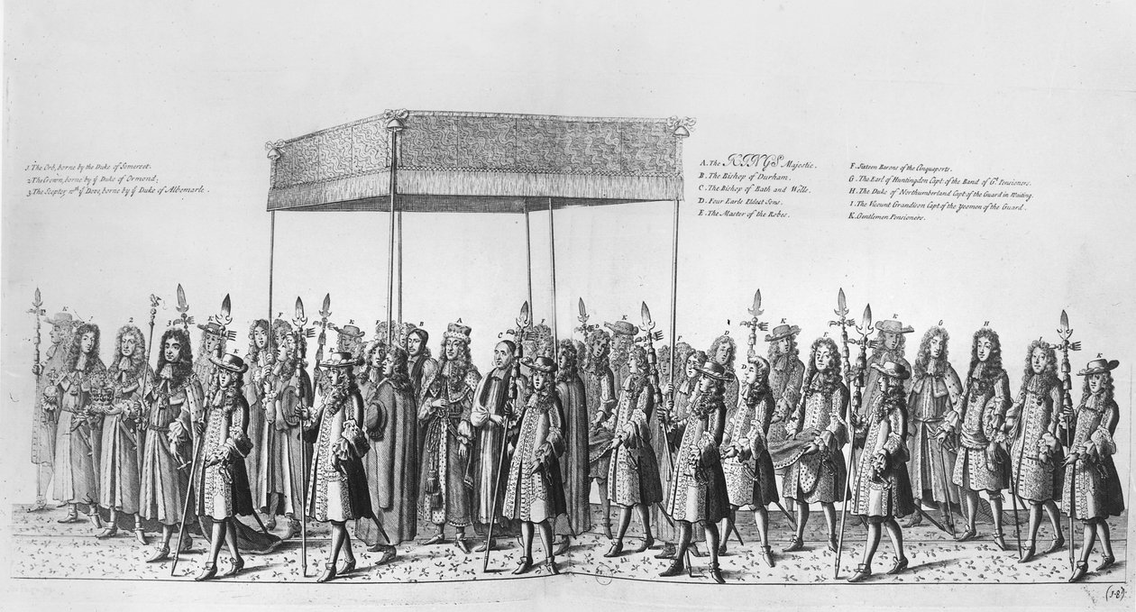 Procession för kröningen av James II av England (gravyr) av English School