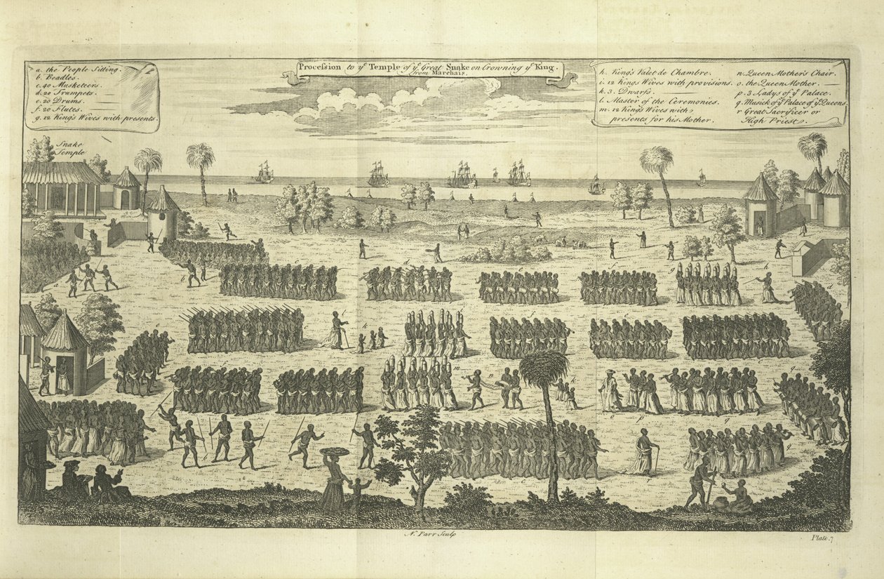 Procession till den store ormens tempel för att kröna kungen, illustration från "En ny allmän samling av resor och resor,...som förstår allt anmärkningsvärt i sitt slag, i Europa, Asien, Afrika och Amerika." av English School
