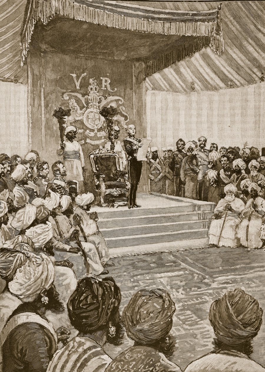 Tillkännagivande av drottningen som kejsarinna av Indien 1877, illustration från Cassells Illustrated History of England (sepiafoto) av English School