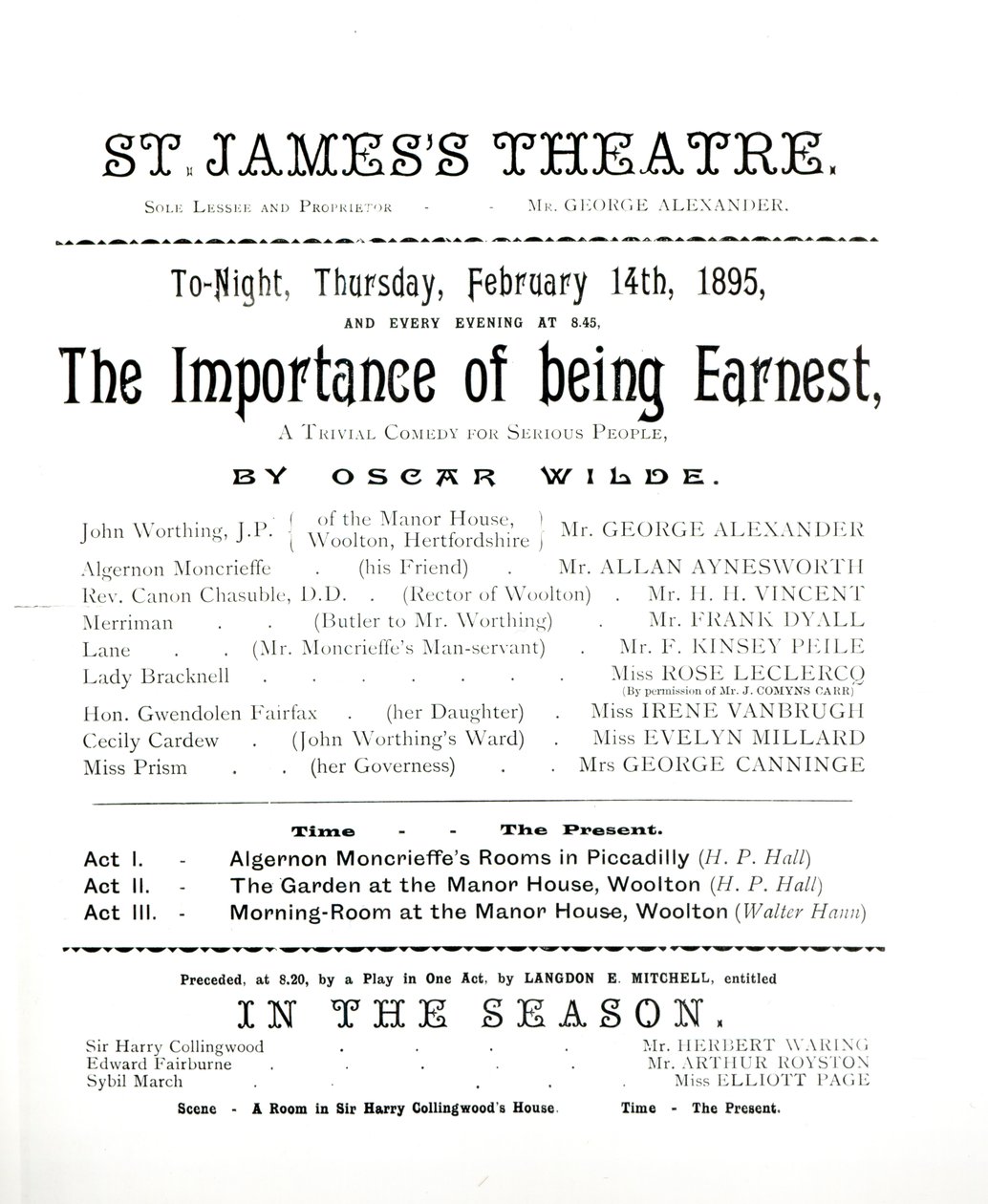 Program för en föreställning av The Importance of Being Earnest av Oscar Wilde (1854-1900) på St. James Theatre, 14 februari 1895 av English School