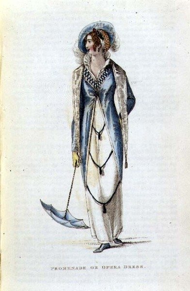 Promenade- eller Operaklänning, modetallrik från Ackermanns Repository of Arts (färgad gravyr) av English School