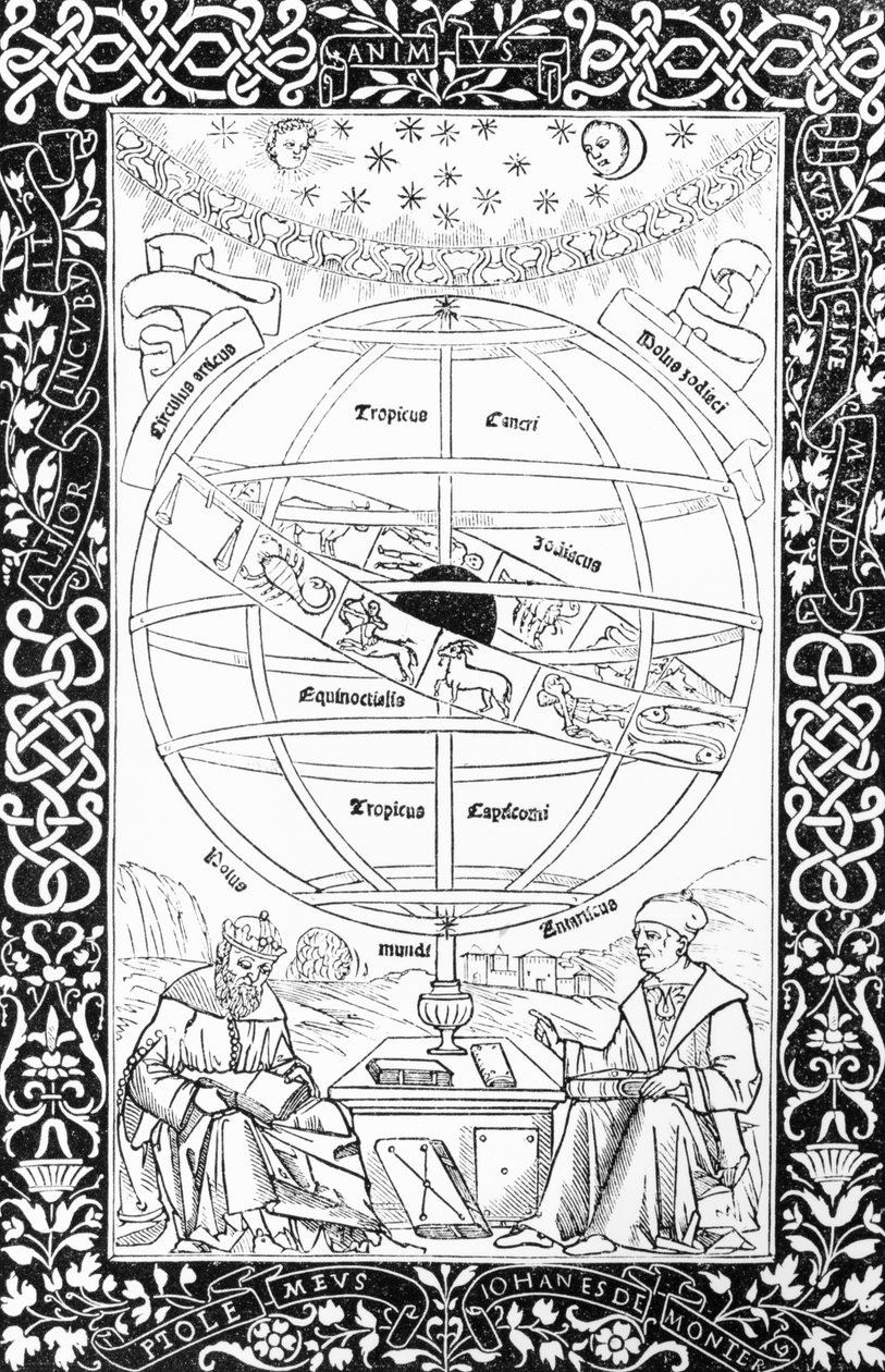 Ptolemaios system, illustration från vetenskap och litteratur från medeltiden och renässansen, skriven och graverad av Paul Lacroix, 1878 av English School