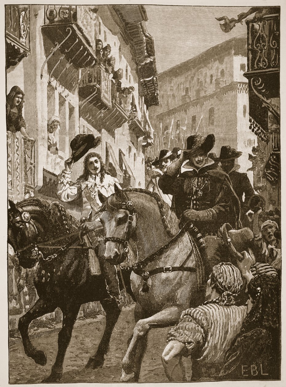 Offentlig mottagning av prins Charles i Madrid, illustration från Cassell Illustrated History of England (sepiafoto) av English School