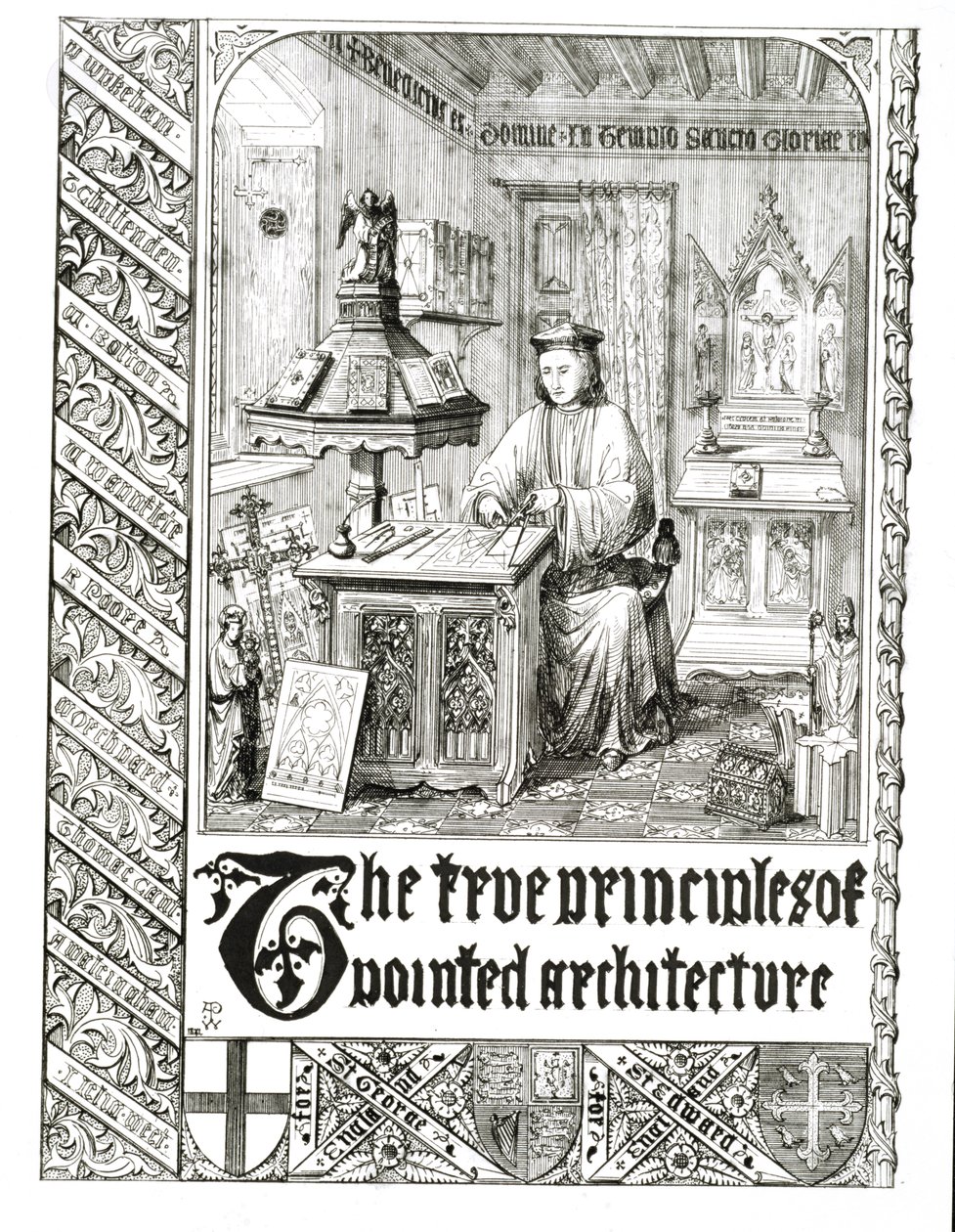 Pugin at work, frontispice från True Principles of Pointed or Christian Architecture, av Augustus Welby Northmore Pugin (1812-52) av English School