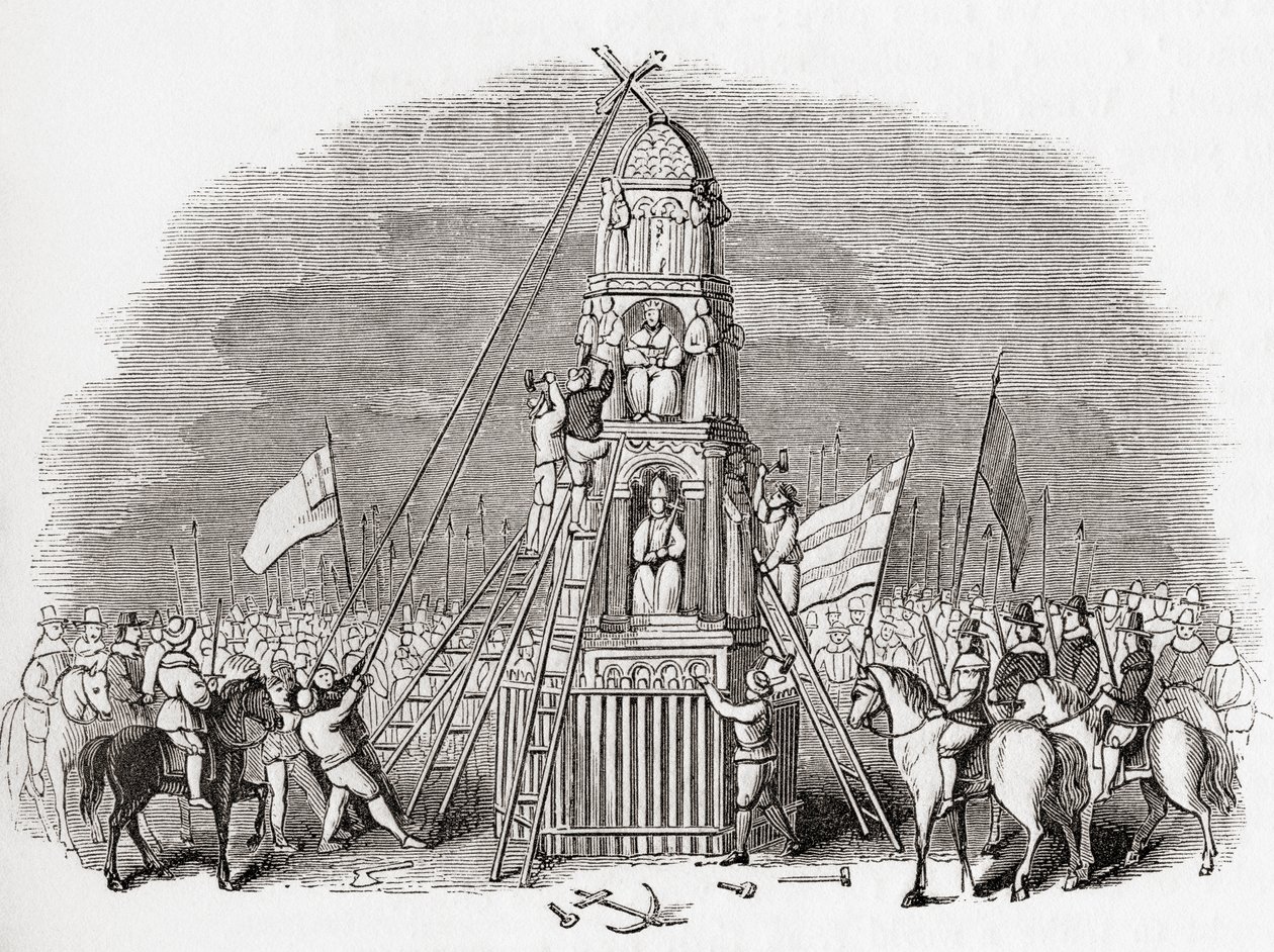 Puritaner förstör Cheapside Cross aka Eleanor Cross, London, England år 1643, från Old England: Ett bildmuseum, pub. 1847 av English School