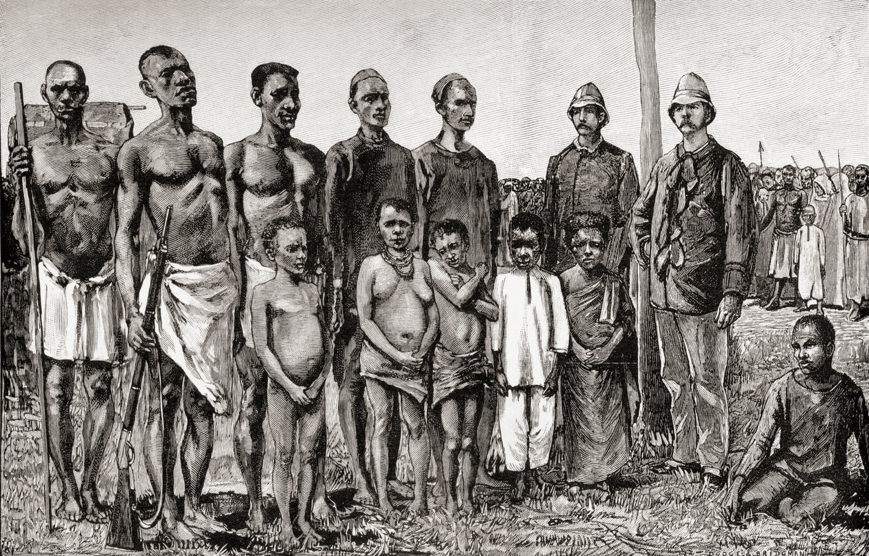 Pygméinfödda jämfört med engelska officerare, sudaneser och zanzibaris, 1890 (trästick) av English School