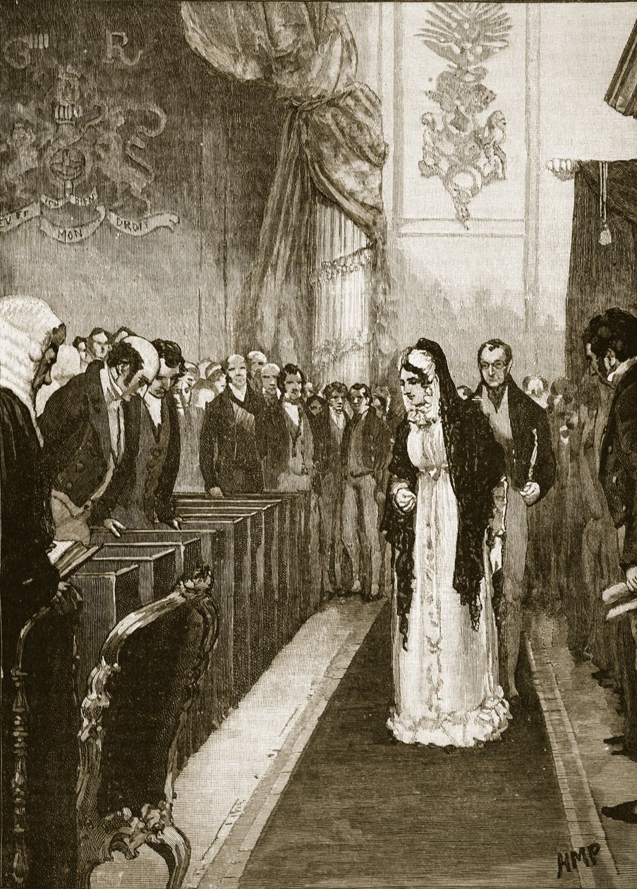 Drottning Caroline går in i House of Lords, illustration från Cassells Illustrated History of England (sepiafoto) av English School