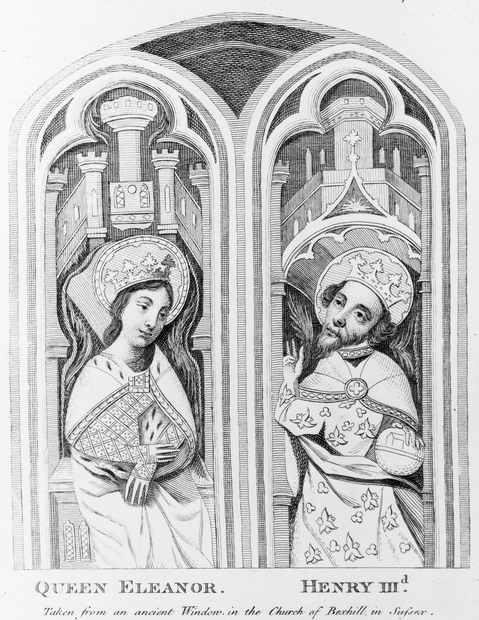 Drottning Eleanor och Henrik III, från ett gammalt fönster i kyrkan i Boxhill, Sussex. av English School
