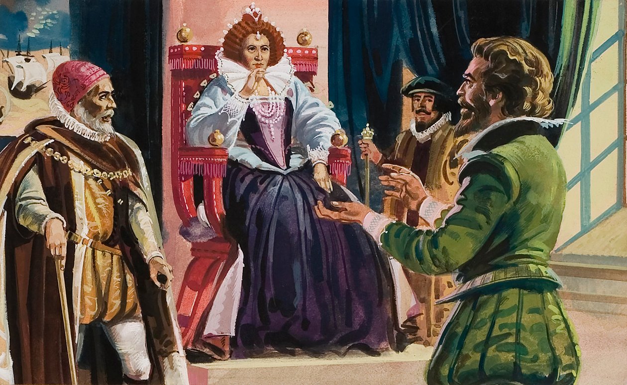Drottning Elizabeth I (1533-1603) och Sir Francis Drake (1540-96) (gouache på papper) av English School