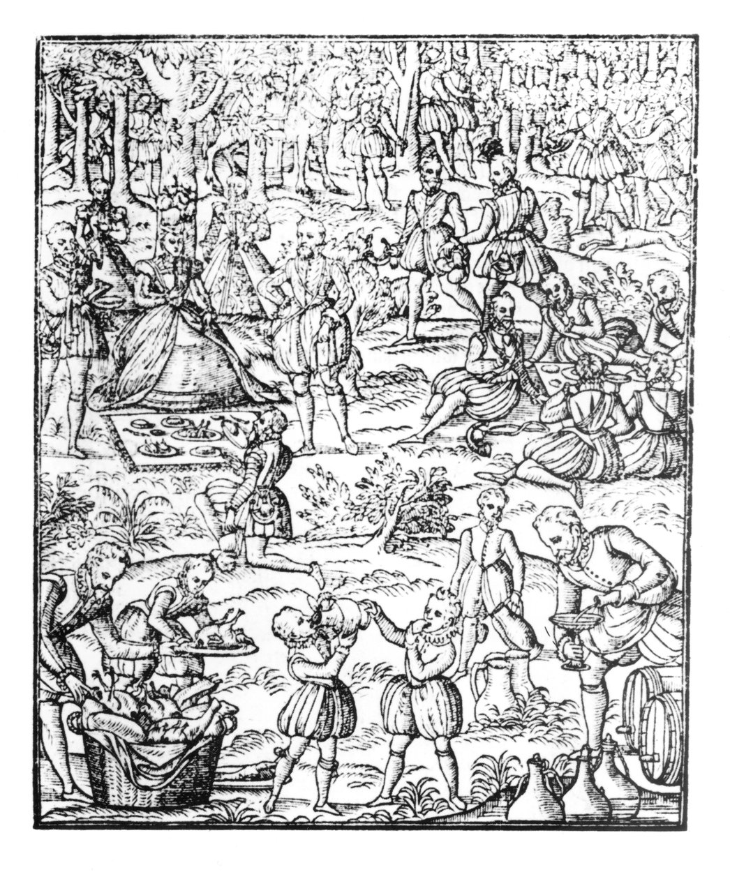Drottning Elizabeth I (1533-1603) vid en jaktpicknick, tallrik från "Noble Art of Venerie and Hunting" av George Turberville, 1575 av English School
