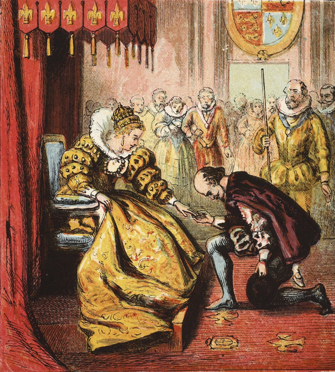 Drottning Elizabeth I och Shakespeare, pub. 1890 (färggravyr) av English School
