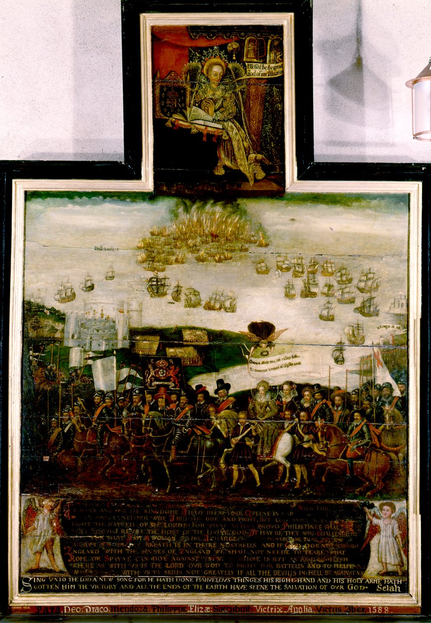 Drottning Elizabeth I anländer till Tilbury och det engelska nederlaget för den spanska armadan 1588 (olja på panel) av English School