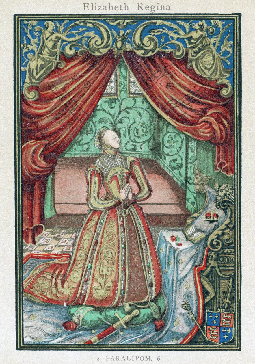 Drottning Elizabeth I i bön, framsida till "Christian Prayers av English School