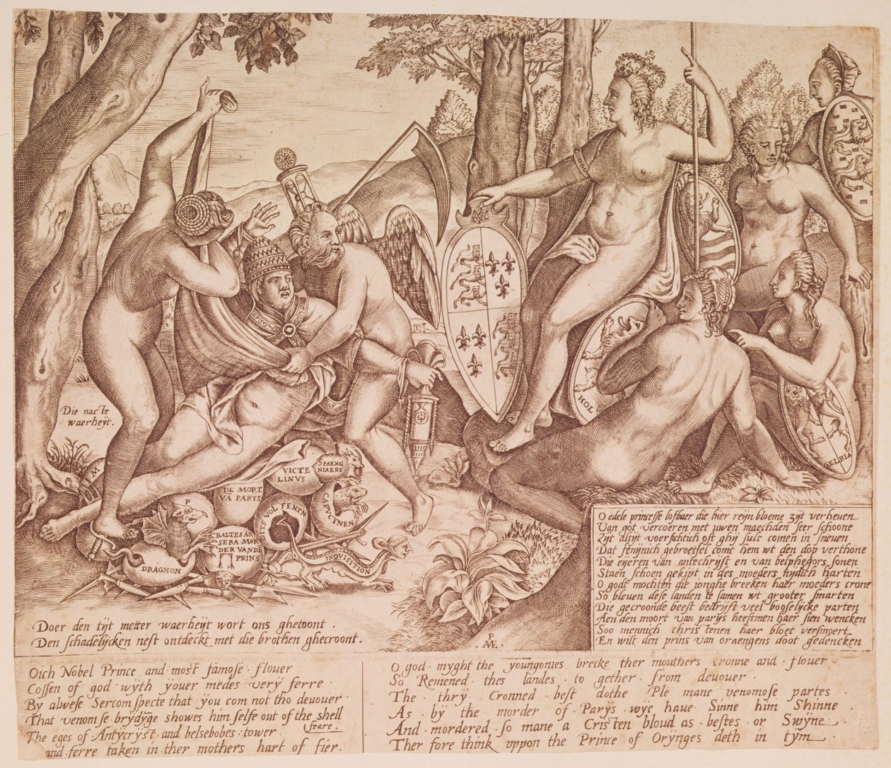 Drottning Elizabeth I av England som gudinnan Diana, sittande till doms över påven Gregorius XIII av English School