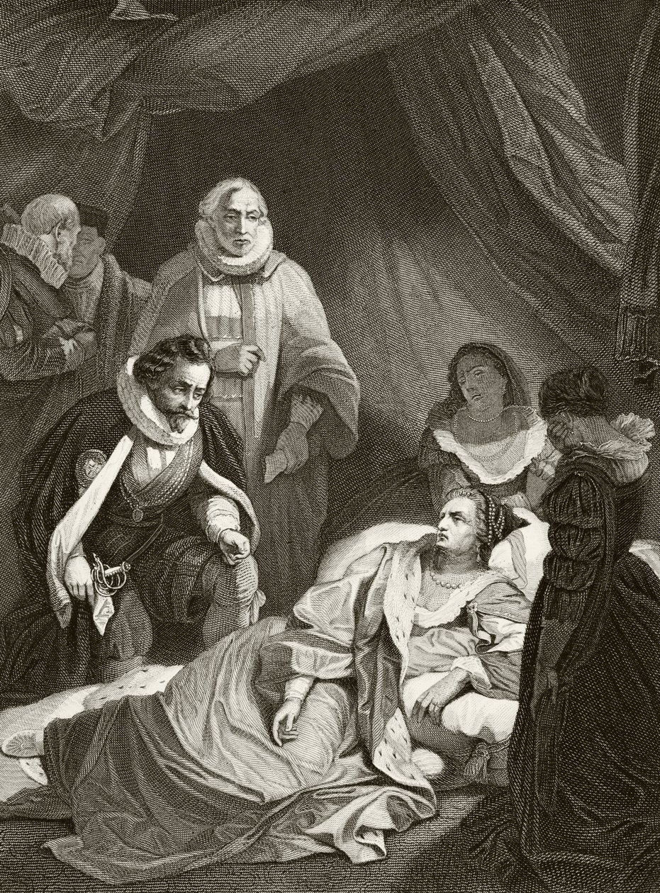 Drottning Elizabeth I på sin dödsbädd, från "The National and Domestic History of England" av William Hickman Smith Aubrey (1858-1916) publicerad i London, ca 1890 av English School